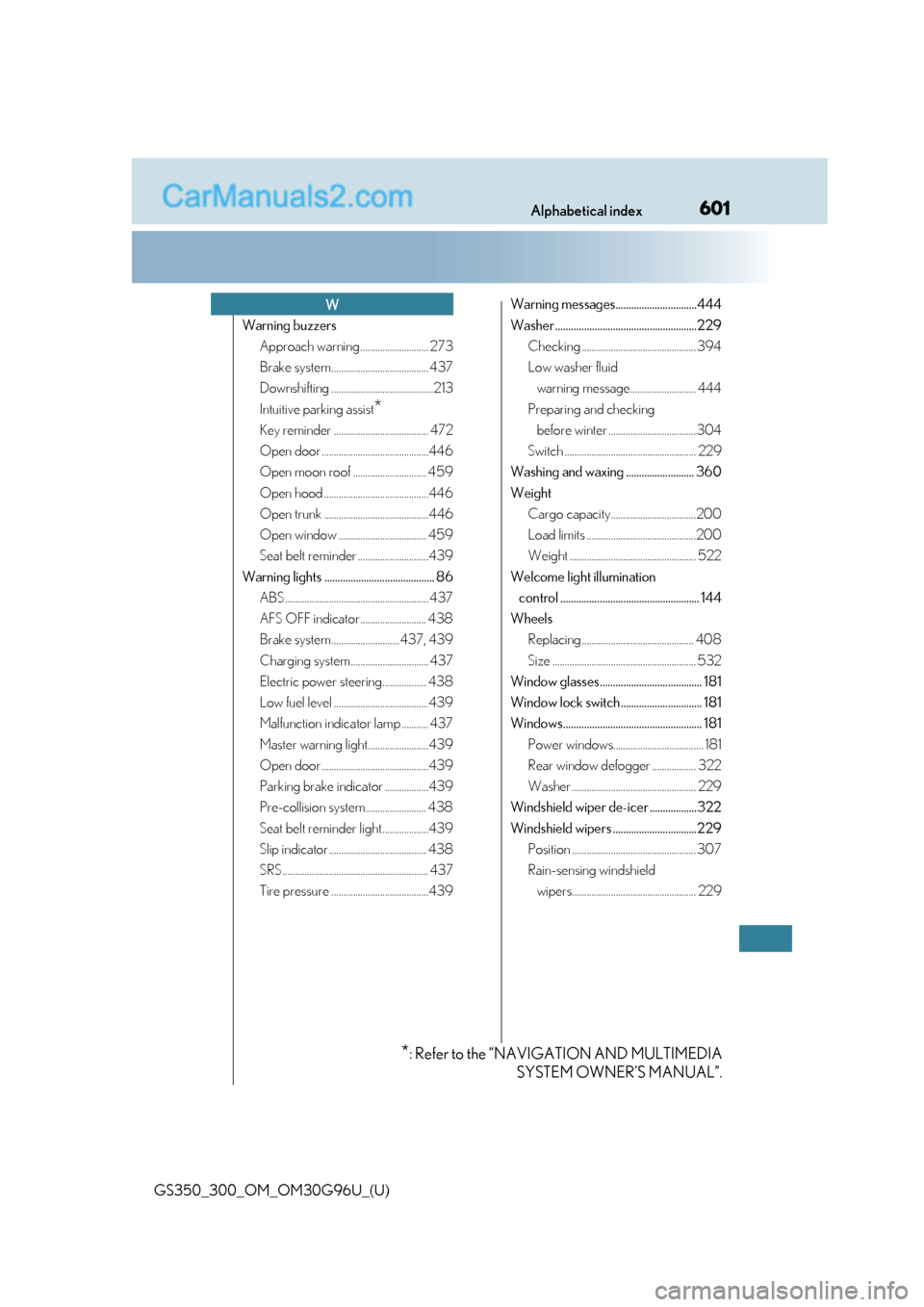 Lexus GS300 2019 Repair Manual 601Alphabetical index
GS350_300_OM_OM30G96U_(U)
Warning buzzersApproach warning ............................ 273
Brake system........................................ 437
Downshifting .................