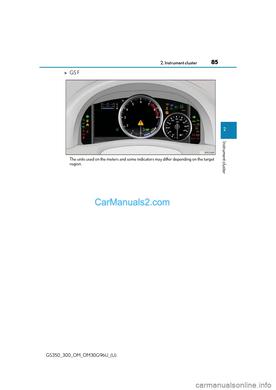 Lexus GS300 2019 Manual Online GS350_300_OM_OM30G96U_(U)
852. Instrument cluster
2
Instrument cluster
GS F
The units used on the meters and some indicators may differ depending on the target
region.  