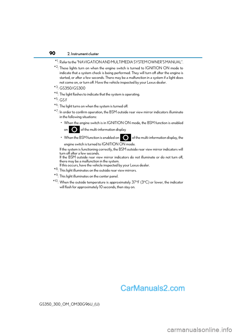 Lexus GS300 2019  Owners Manual 90
GS350_300_OM_OM30G96U_(U)2. Instrument cluster
*1: Refer to the “NAVIGATION AND MU
LTIMEDIA SYSTEM OWNER’S MANUAL”.
*2: These lights turn on when the engine switch is turned to IGNITION ON mo