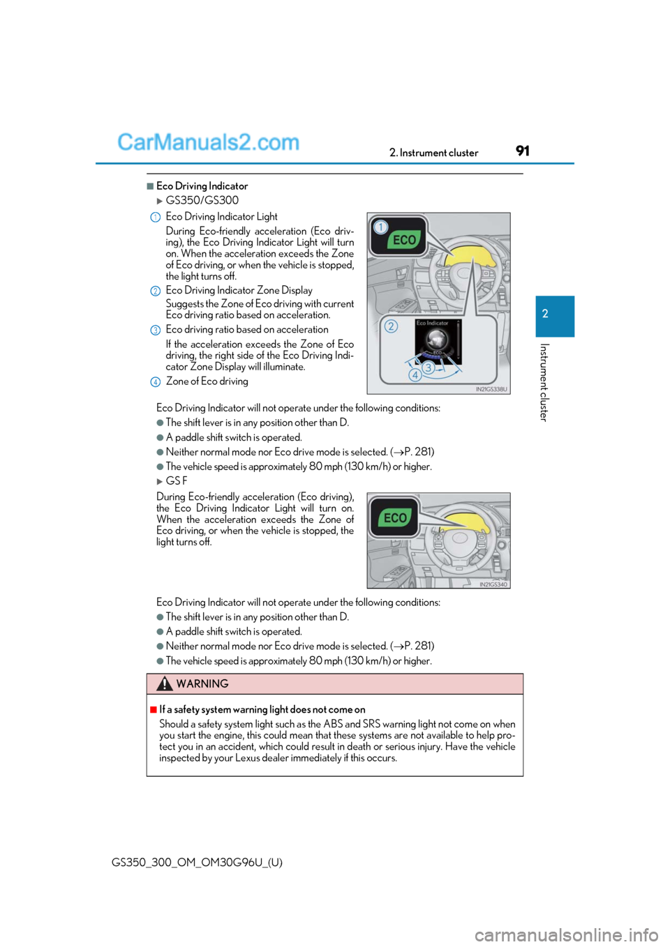 Lexus GS300 2019 Owners Guide GS350_300_OM_OM30G96U_(U)
912. Instrument cluster
2
Instrument cluster
■Eco Driving Indicator
GS350/GS300
Eco Driving Indicator will not operate under the following conditions:
●The shift lever