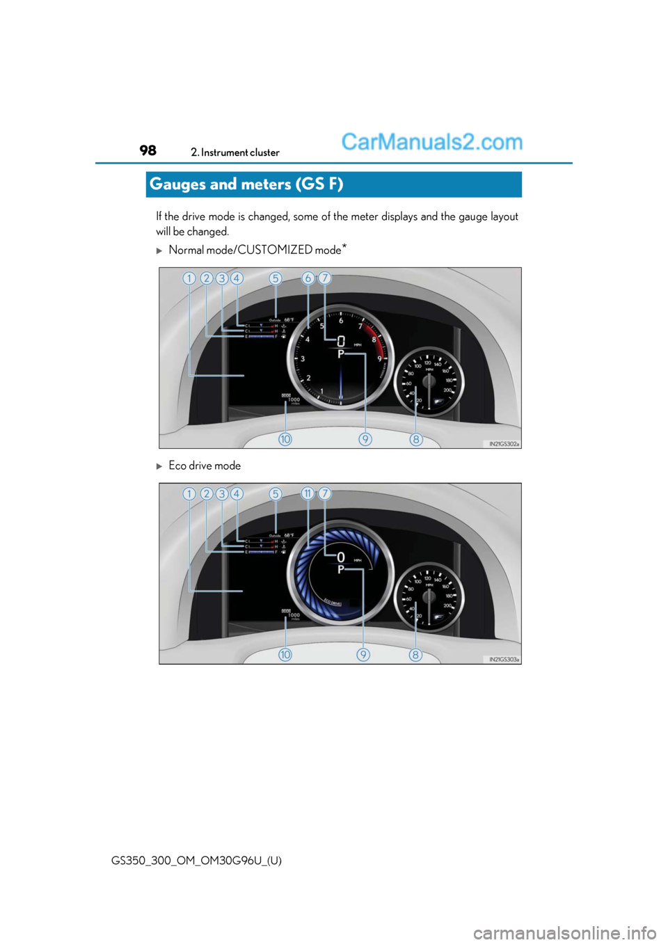 Lexus GS300 2019 Owners Manual 98
GS350_300_OM_OM30G96U_(U)2. Instrument cluster
Gauges and meters (GS F)
If the drive mode is changed, some of
 the meter displays and the gauge layout
will be changed.
Normal mode/CUSTOMIZED mod