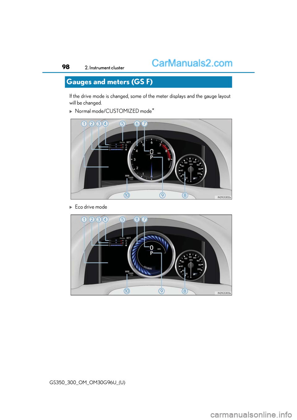 Lexus GS300 2019 Owners Manual 98
GS350_300_OM_OM30G96U_(U)2. Instrument cluster
Gauges and meters (GS F)
If the drive mode is changed, some of
the meter displays and the gauge layout
will be changed.
Normal mode/CUSTOMIZED mod Lexus GS300 2019 Owners Manual 98
GS350_300_OM_OM30G96U_(U)2. Instrument cluster
Gauges and meters (GS F)
If the drive mode is changed, some of
the meter displays and the gauge layout
will be changed.
Normal mode/CUSTOMIZED mod