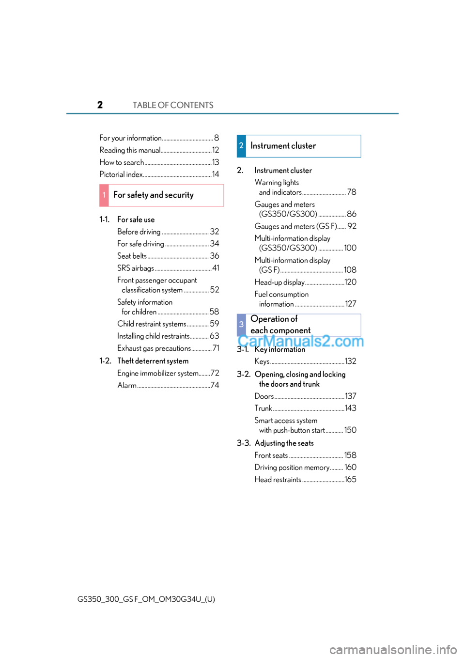 Lexus GS300 2018  Owners Manuals TABLE OF CONTENTS2
GS350_300_GS F_OM_OM30G34U_(U)
For your information................................... 8
Reading this manual................................... 12
How to search ....................