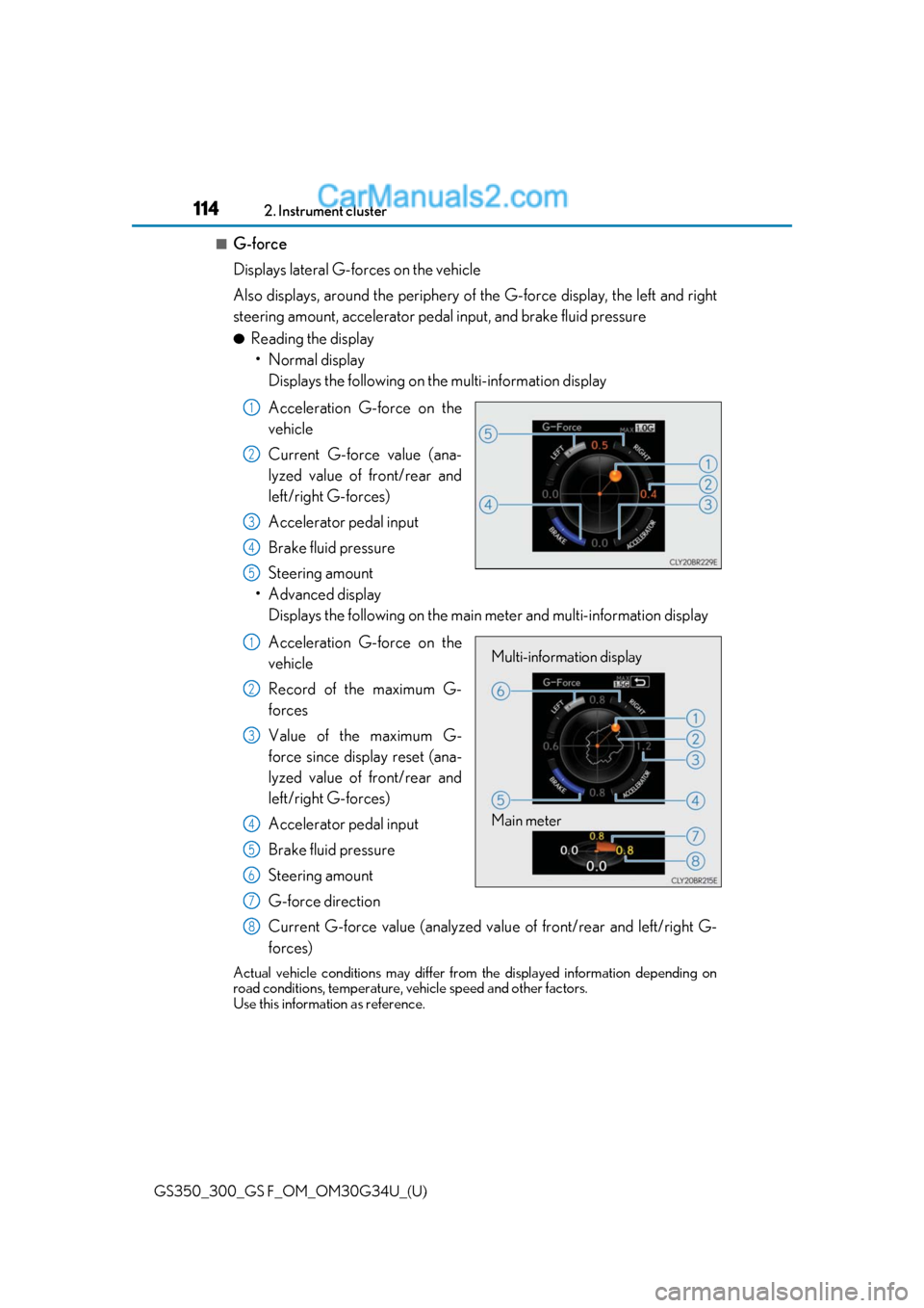 Lexus GS300 2018  Owners Manuals 114
GS350_300_GS F_OM_OM30G34U_(U)2. Instrument cluster
■G-force
Displays lateral G-forces on the vehicle 
Also displays, around the periphery of 
the G-force display, the left and right
steering am