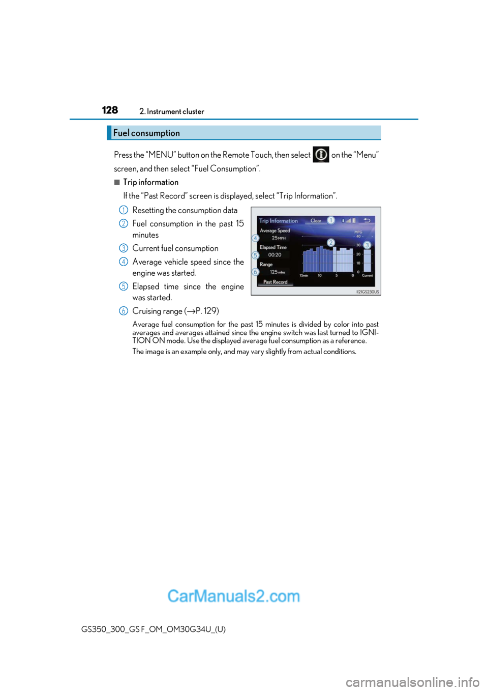 Lexus GS300 2018  Owners Manuals 128
GS350_300_GS F_OM_OM30G34U_(U)2. Instrument cluster
Press the “MENU” button on the Remote
 Touch, then select   on the “Menu”
screen, and then select “Fuel Consumption”.
■Trip inform