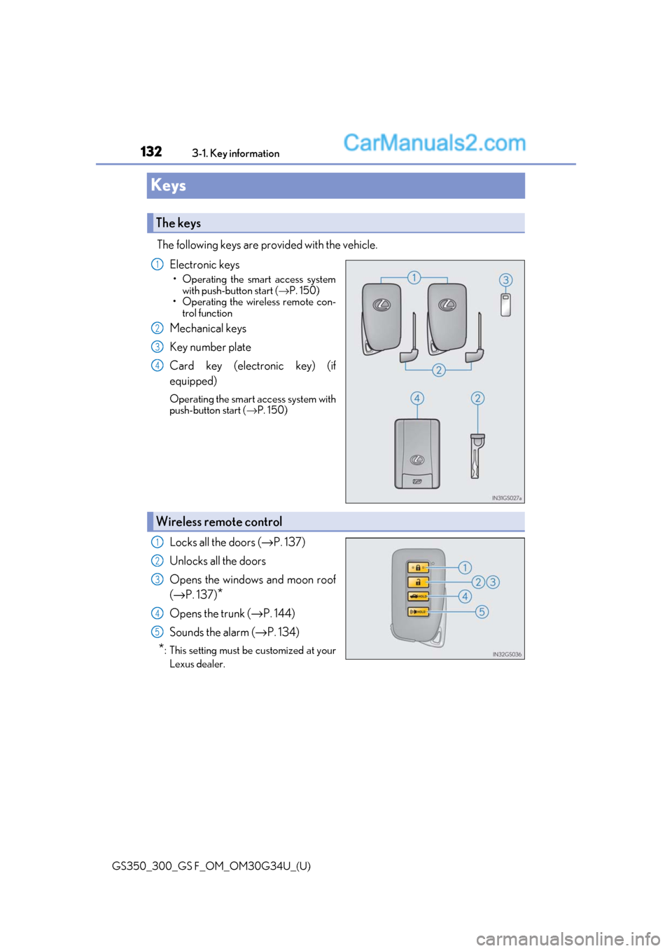 Lexus GS300 2018  Owners Manuals 132
GS350_300_GS F_OM_OM30G34U_(U)3-1. Key information
Keys
The following keys are provided with the vehicle.
Electronic keys
• Operating the smart access systemwith push-button start ( →P. 150)
�