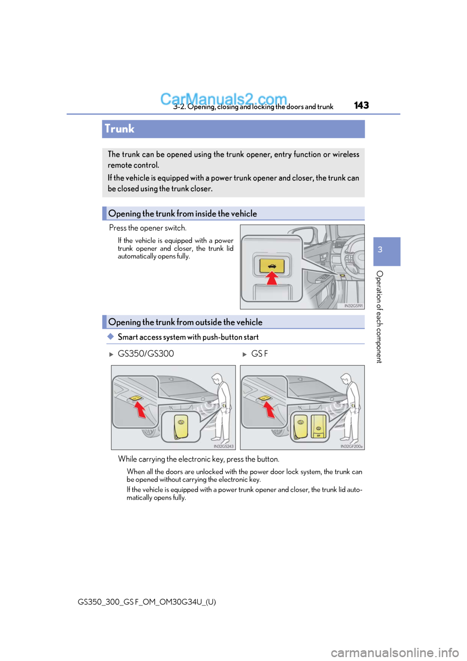 Lexus GS300 2018  Owners Manuals 143
GS350_300_GS F_OM_OM30G34U_(U)3-2. Opening, closing and 
locking the doors and trunk
3
Operation of each component
Trunk
Press the opener switch.
If the vehicle is equipped with a power
trunk open