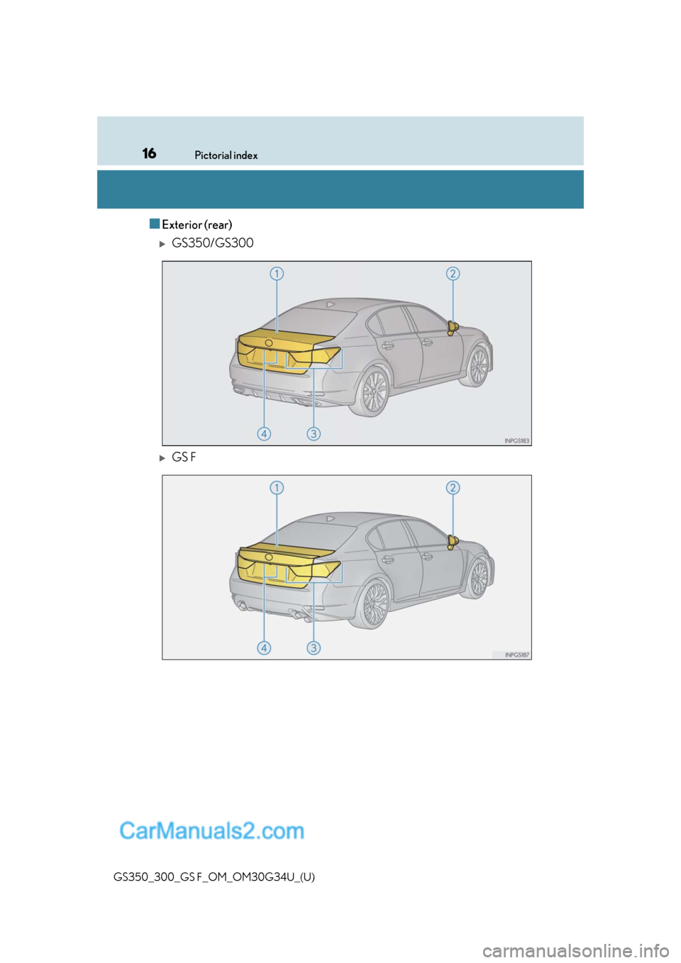 Lexus GS300 2018 s User Guide 16Pictorial index
GS350_300_GS F_OM_OM30G34U_(U)
■Exterior (rear)
GS350/GS300
GS F Lexus GS300 2018 s User Guide 16Pictorial index
GS350_300_GS F_OM_OM30G34U_(U)
■Exterior (rear)
GS350/GS300
GS F