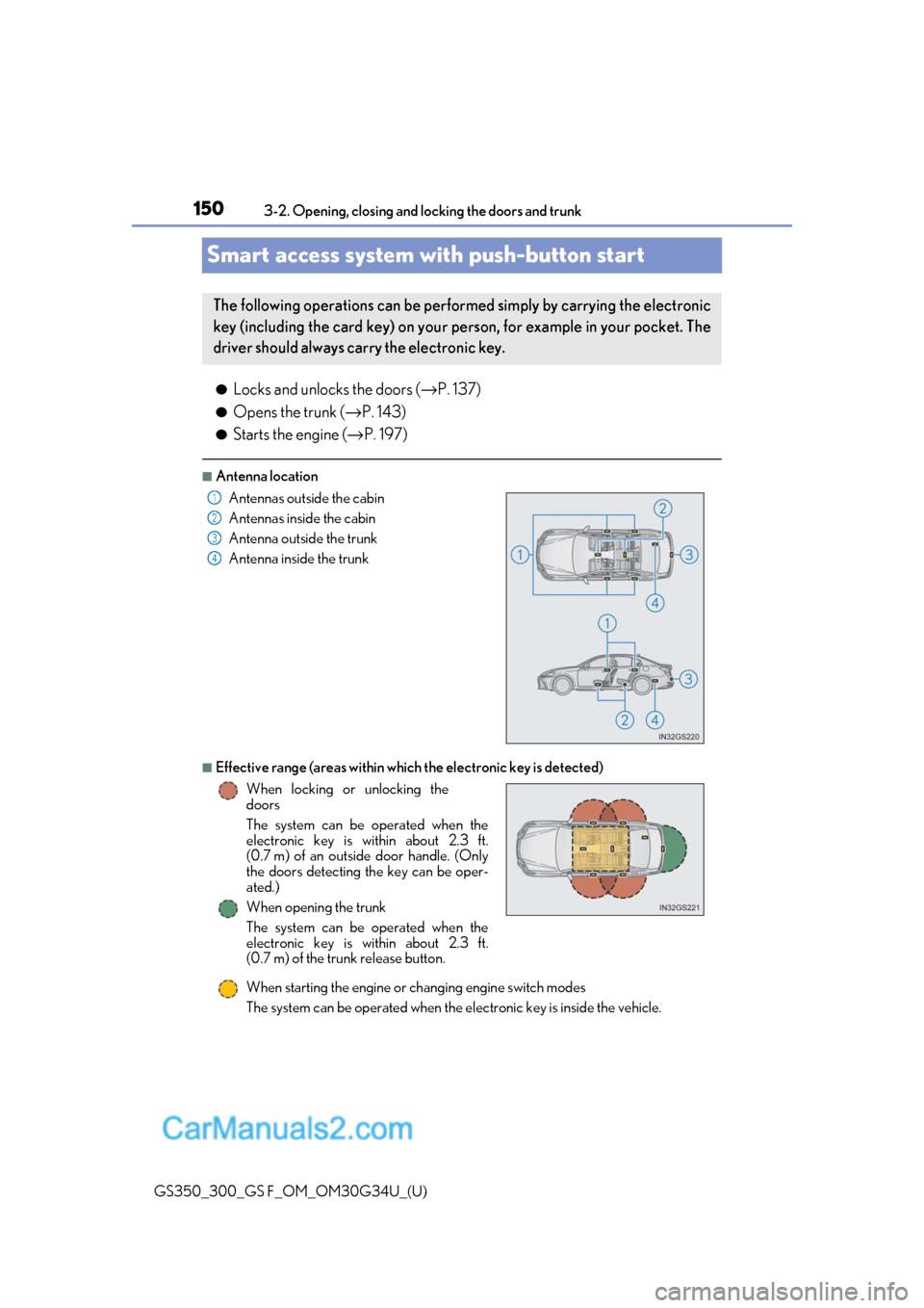 Lexus GS300 2018  Owners Manuals 150
GS350_300_GS F_OM_OM30G34U_(U)3-2. Opening, closing and 
locking the doors and trunk
Smart access system with push-button start
●Locks and unlocks the doors ( →P. 137)
●Opens the trunk ( →