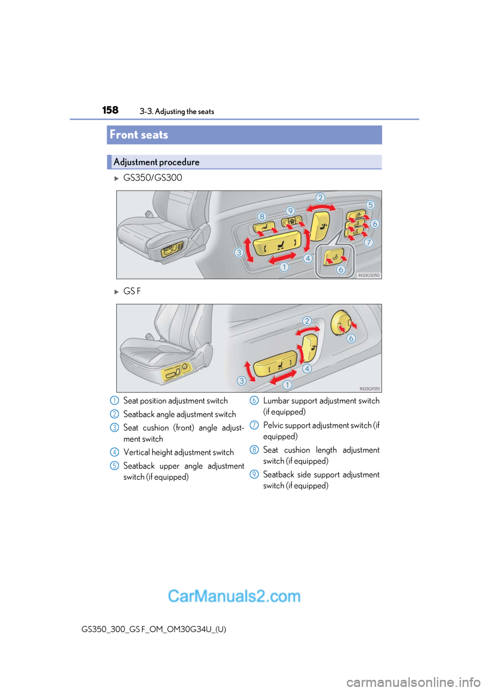 Lexus GS300 2018  Owners Manuals 158
GS350_300_GS F_OM_OM30G34U_(U)3-3. Adjusting the seats
Front seats
GS350/GS300
GS F
Adjustment procedure
Seat position adjustment switch
Seatback angle adjustment switch
Seat cushion (front)