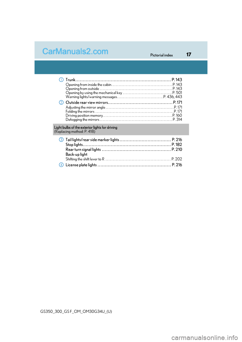 Lexus GS300 2018  Owners Manuals 17Pictorial index
GS350_300_GS F_OM_OM30G34U_(U)
Trunk . . . . . . . . . . . . . . . . . . . . . . . . . . . . . . . . . . . . . . . . . . . . . . . . . . . . . . . . . . . . .  . . . .  P. 143
Openin