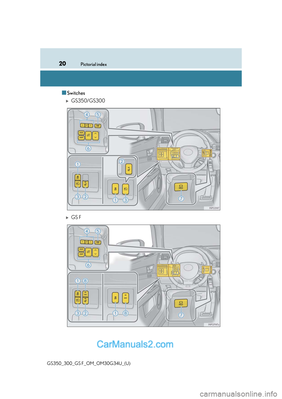 Lexus GS300 2018  s User Guide 20Pictorial index
GS350_300_GS F_OM_OM30G34U_(U)
■Switches
GS350/GS300
GS F  