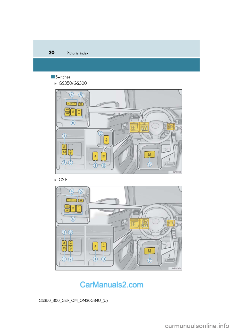 Lexus GS300 2018 s User Guide 20Pictorial index
GS350_300_GS F_OM_OM30G34U_(U)
■Switches
GS350/GS300
GS F Lexus GS300 2018 s User Guide 20Pictorial index
GS350_300_GS F_OM_OM30G34U_(U)
■Switches
GS350/GS300
GS F
