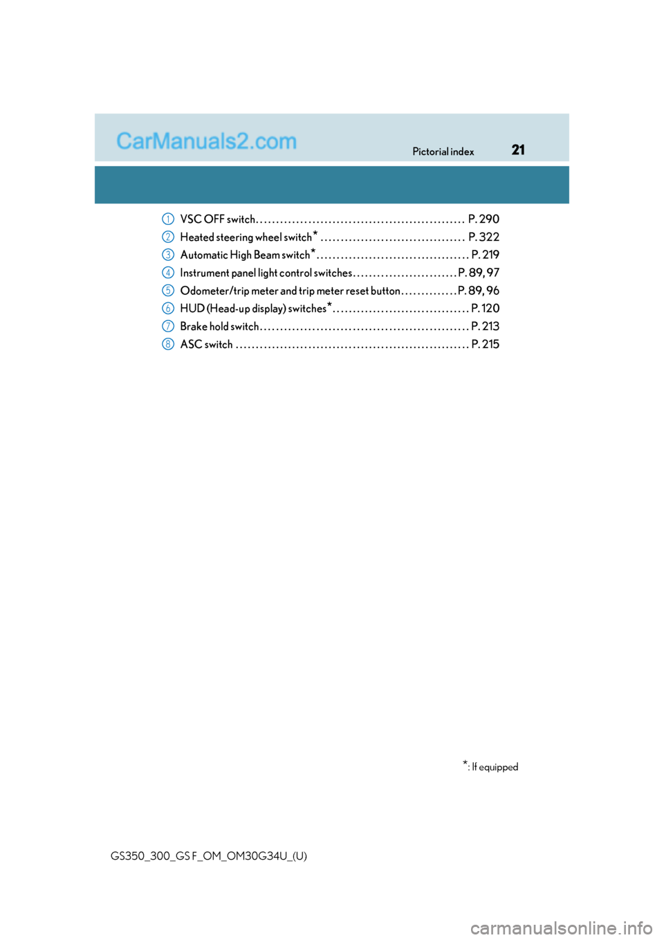 Lexus GS300 2018  s Owners Guide 21Pictorial index
GS350_300_GS F_OM_OM30G34U_(U)
VSC OFF switch . . . . . . . . . . . . . . . . . . . . . . . . . . . . . . . . . . . . . . . . . . . . . . . . . . . .  P. 290
Heated steering wheel sw