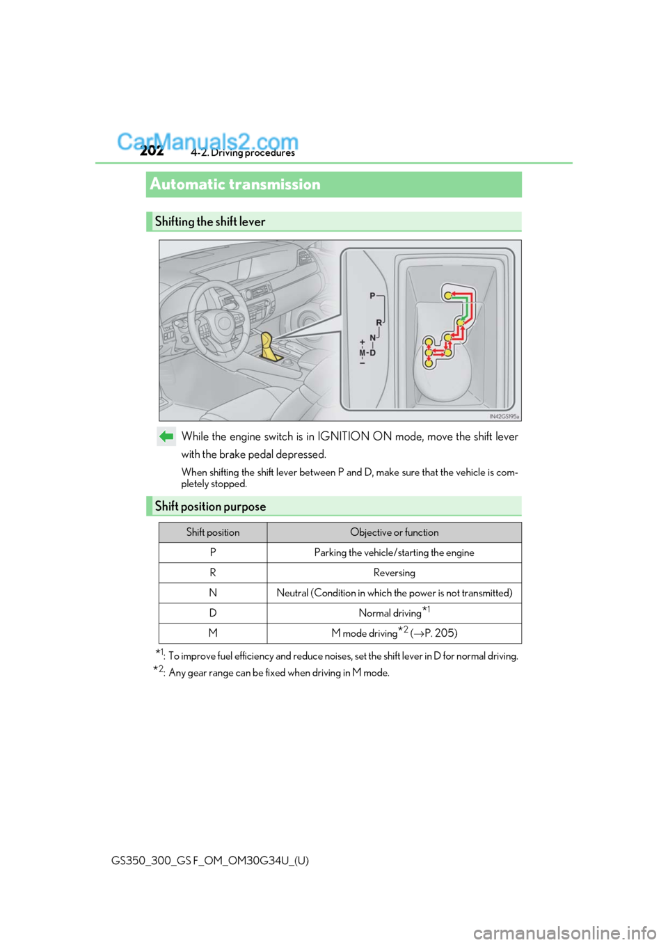 Lexus GS300 2018  Owners Manuals 202
GS350_300_GS F_OM_OM30G34U_(U)4-2. Driving procedures
Automatic transmission
While the engine switch is in IGNITION ON mode, move the shift lever
with the brake pedal depressed.
When shifting the 
