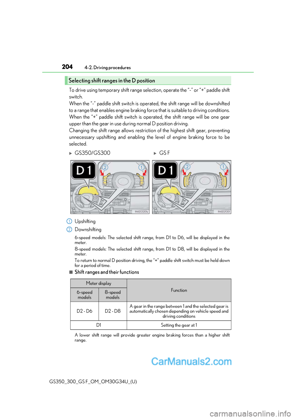 Lexus GS300 2018 Owners Manuals 204
GS350_300_GS F_OM_OM30G34U_(U)4-2. Driving procedures
To drive using temporary shift range selection, operate the “-” or “+” paddle shift
switch.
When the “-” paddle shift switch is o Lexus GS300 2018 Owners Manuals 204
GS350_300_GS F_OM_OM30G34U_(U)4-2. Driving procedures
To drive using temporary shift range selection, operate the “-” or “+” paddle shift
switch.
When the “-” paddle shift switch is o