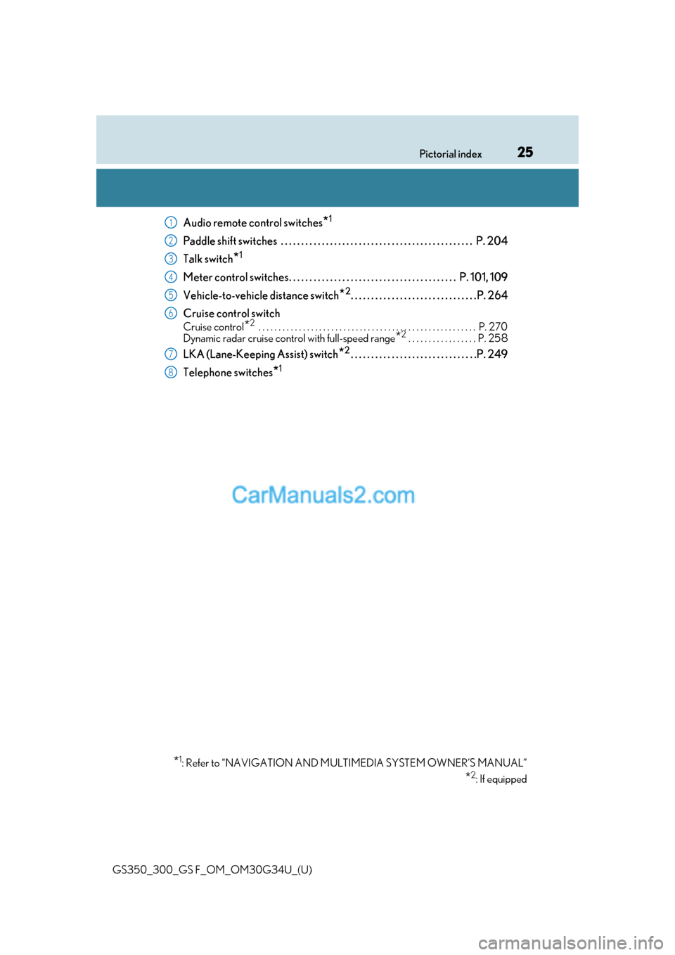 Lexus GS300 2018  s Owners Guide 25Pictorial index
GS350_300_GS F_OM_OM30G34U_(U)
Audio remote control switches*1
Paddle shift switches  . . . . . . . . . . . . . . . . . . . . . . . . . . . . . . . . . . . . . . . . . . . . . . .  P