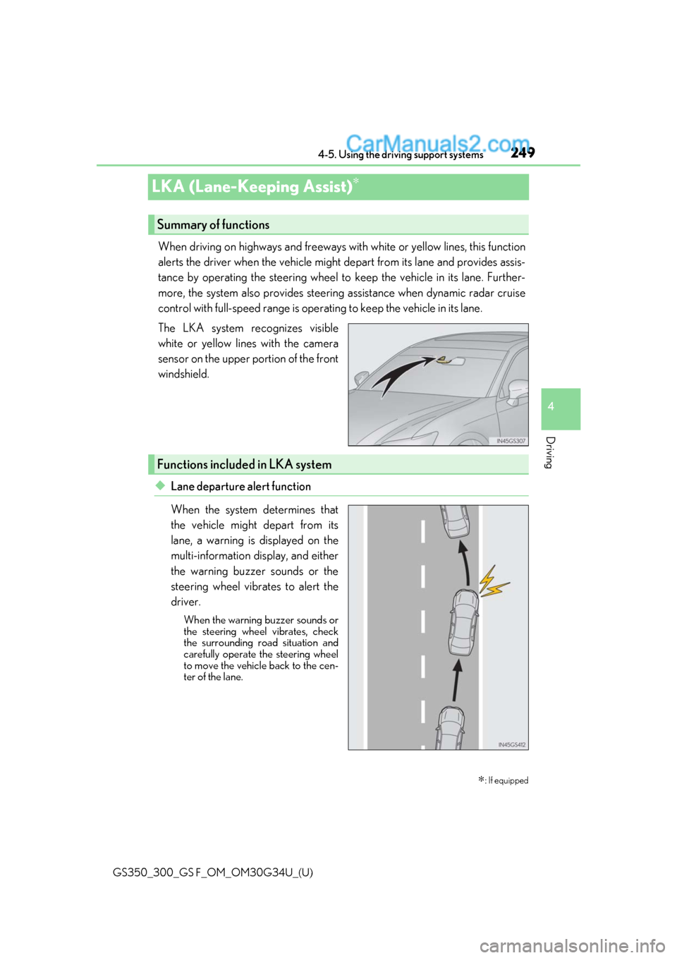 Lexus GS300 2018  s Service Manual 249
GS350_300_GS F_OM_OM30G34U_(U)4-5. Using the driving support systems
4
Driving
LKA (Lane-Keeping Assist)∗
When driving on highways and freeways 
with white or yellow lines, this function
alerts 