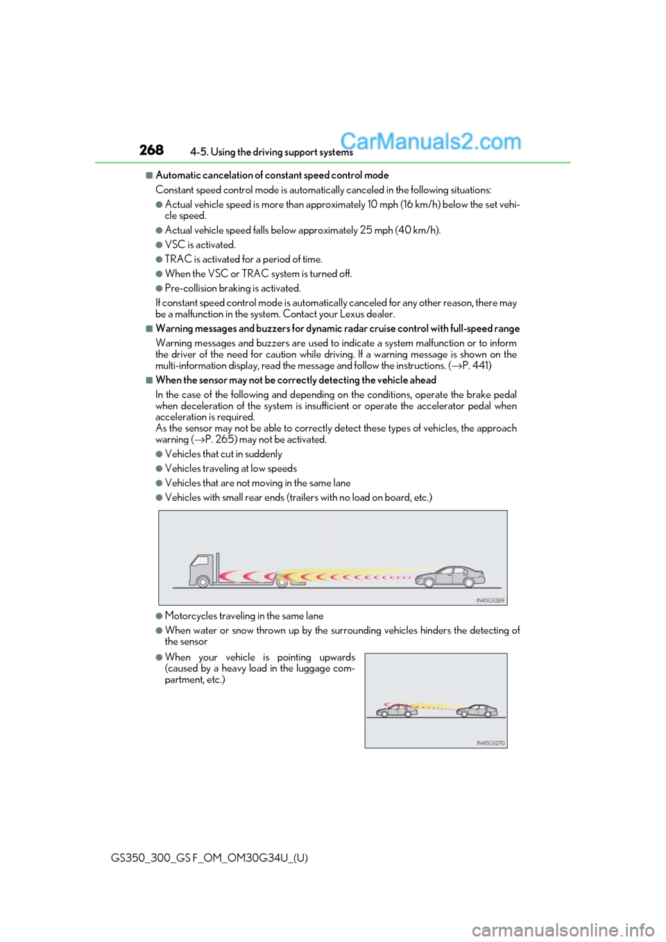 Lexus GS300 2018  Owners Manuals 268
GS350_300_GS F_OM_OM30G34U_(U)4-5. Using the driving support systems
■Automatic cancelation of co
nstant speed control mode
Constant speed control mode is automatica lly canceled in the followin