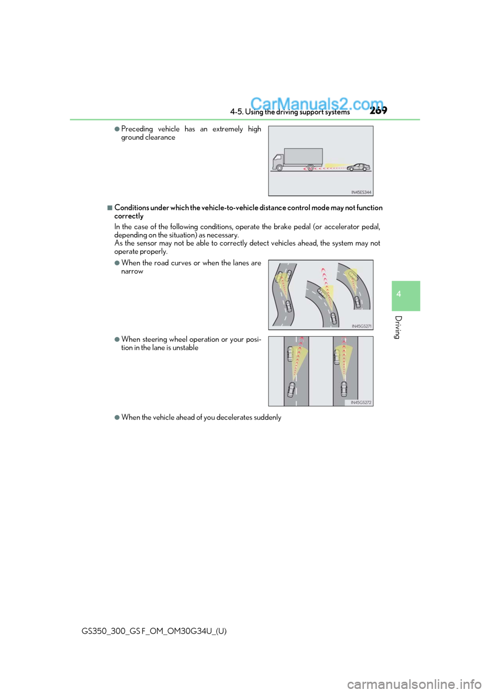 Lexus GS300 2018 Owners Manuals GS350_300_GS F_OM_OM30G34U_(U)
2694-5. Using the driving support systems
4
Driving
■Conditions under which the vehicle-to-vehicle distance control mode may not function
correctly
In the case of the Lexus GS300 2018 Owners Manuals GS350_300_GS F_OM_OM30G34U_(U)
2694-5. Using the driving support systems
4
Driving
■Conditions under which the vehicle-to-vehicle distance control mode may not function
correctly
In the case of the