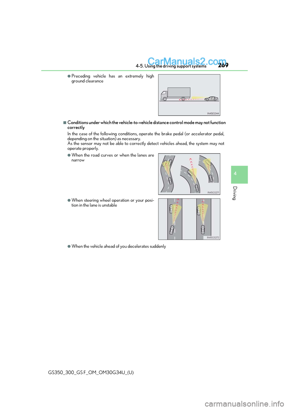 Lexus GS300 2018  Owners Manuals GS350_300_GS F_OM_OM30G34U_(U)
2694-5. Using the driving support systems
4
Driving
■Conditions under which the vehicle-to-vehicle distance control mode may not function
correctly
In the case of the 