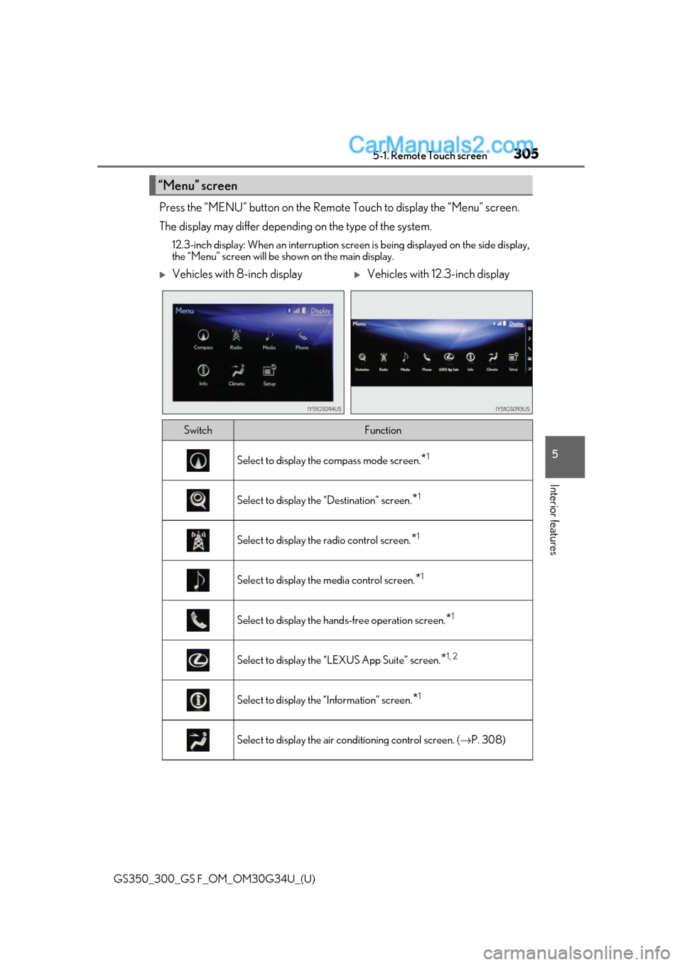 Lexus GS300 2018 Owners Manuals GS350_300_GS F_OM_OM30G34U_(U)
3055-1. Remote Touch screen
5
Interior features
Press the “MENU” button on the Remote Touch to display the “Menu” screen.
The display may differ depending on the Lexus GS300 2018 Owners Manuals GS350_300_GS F_OM_OM30G34U_(U)
3055-1. Remote Touch screen
5
Interior features
Press the “MENU” button on the Remote Touch to display the “Menu” screen.
The display may differ depending on the