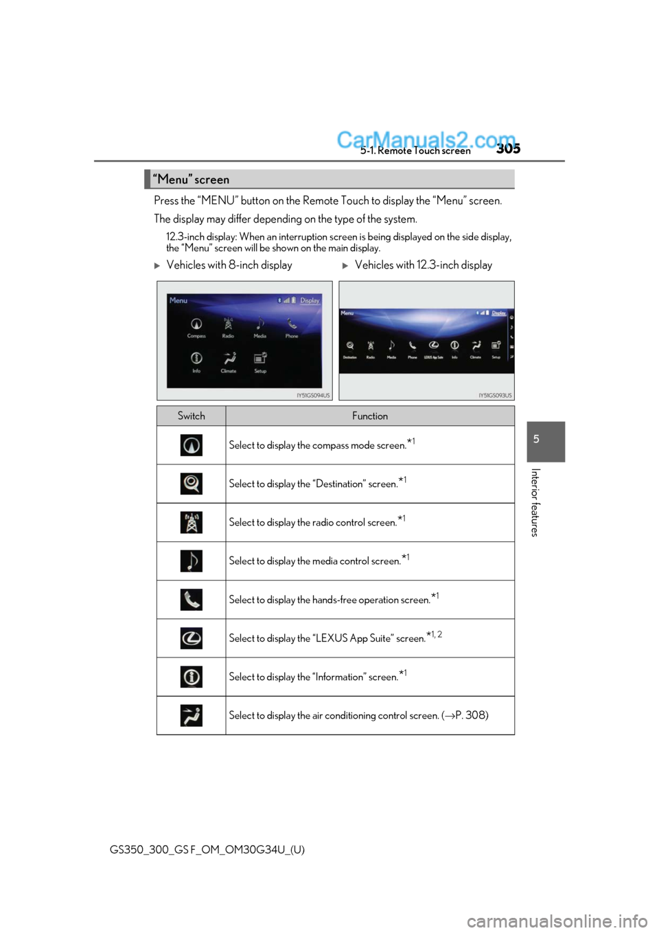 Lexus GS300 2018  s User Guide GS350_300_GS F_OM_OM30G34U_(U)
3055-1. Remote Touch screen
5
Interior features
Press the “MENU” button on the Remote Touch to display the “Menu” screen.
The display may differ depending on the