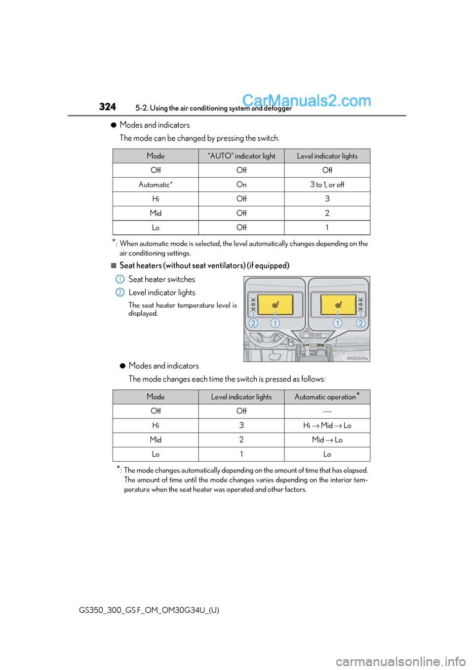 Lexus GS300 2018 Owners Manuals 324
GS350_300_GS F_OM_OM30G34U_(U)5-2. Using the air conditio
ning system and defogger
●Modes and indicators
The mode can be changed by pressing the switch.
*: When automatic mode is selected, the l Lexus GS300 2018 Owners Manuals 324
GS350_300_GS F_OM_OM30G34U_(U)5-2. Using the air conditio
ning system and defogger
●Modes and indicators
The mode can be changed by pressing the switch.
*: When automatic mode is selected, the l