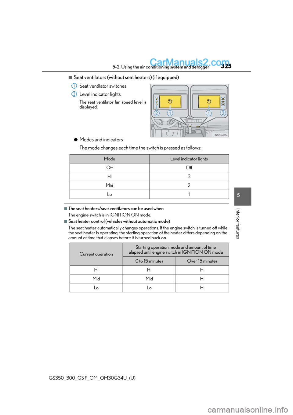 Lexus GS300 2018  Owners Manuals GS350_300_GS F_OM_OM30G34U_(U)
3255-2. Using the air conditioning system and defogger
5
Interior features
■Seat ventilators (without seat heaters) (if equipped)
Seat ventilator switches
Level indica