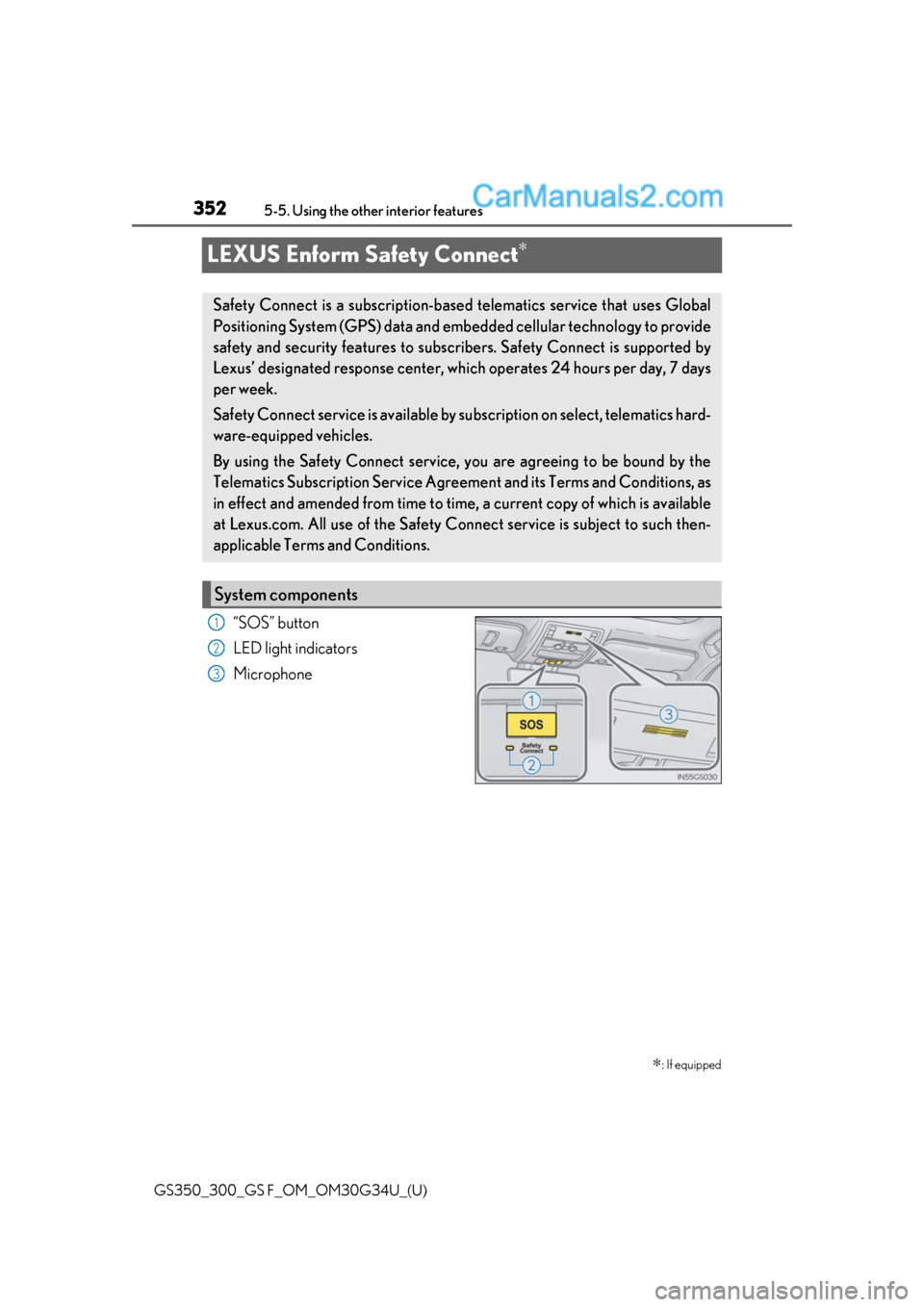 Lexus GS300 2018  Owners Manuals 352
GS350_300_GS F_OM_OM30G34U_(U)5-5. Using the other interior features
LEXUS Enform Safety Connect∗
“SOS” button
LED light indicators
Microphone
∗: If equipped
Safety Connect is a subscripti