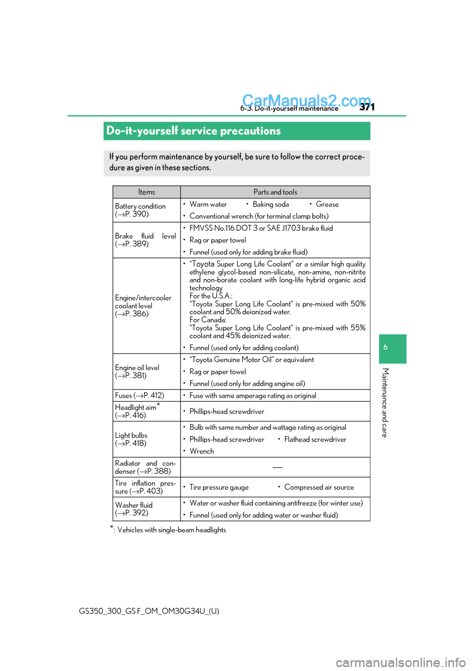 Lexus GS300 2018  Owners Manuals 371
GS350_300_GS F_OM_OM30G34U_(U)6-3. Do-it-yourself maintenance
6
Maintenance and care
Do-it-yourself service precautions
*: Vehicles with sing
le-beam headlights
If you perform maintenance by yours