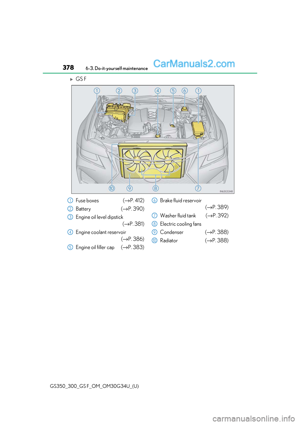 Lexus GS300 2018 Owners Manuals 378
GS350_300_GS F_OM_OM30G34U_(U)6-3. Do-it-yourself maintenance
GS F
Fuse boxes (→
P. 412)
Battery ( →P. 390)
Engine oil level dipstick (→P. 381)
Engine coolant reservoir (→P. 386)
Engine Lexus GS300 2018 Owners Manuals 378
GS350_300_GS F_OM_OM30G34U_(U)6-3. Do-it-yourself maintenance
GS F
Fuse boxes (→
P. 412)
Battery ( →P. 390)
Engine oil level dipstick (→P. 381)
Engine coolant reservoir (→P. 386)
Engine