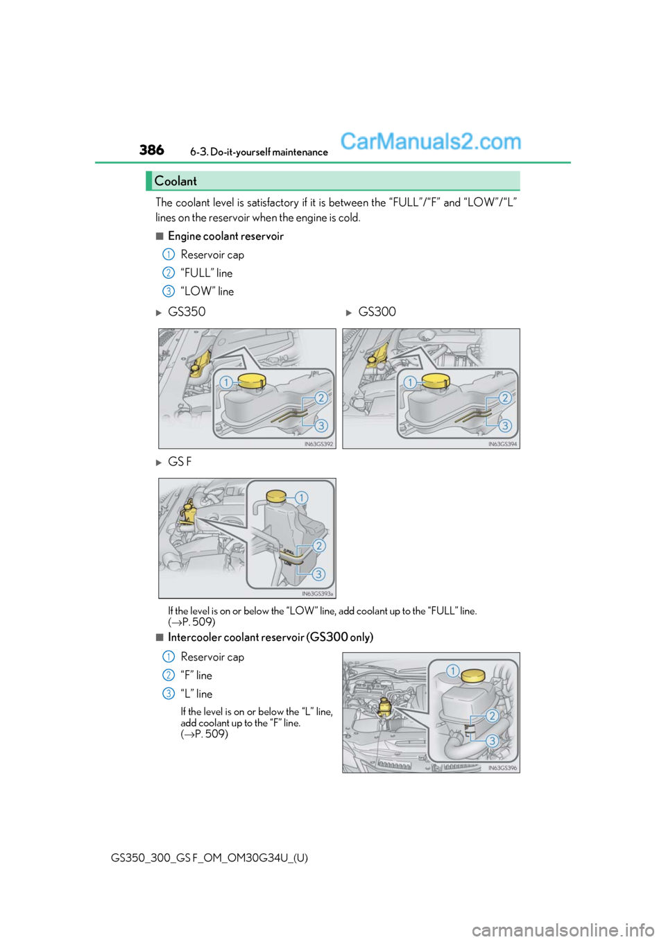 Lexus GS300 2018  Owners Manuals 386
GS350_300_GS F_OM_OM30G34U_(U)6-3. Do-it-yourself maintenance
The coolant level is satisfactory if it 
is between the “FULL”/“F” and “LOW”/“L”
lines on the reservoir when the engin