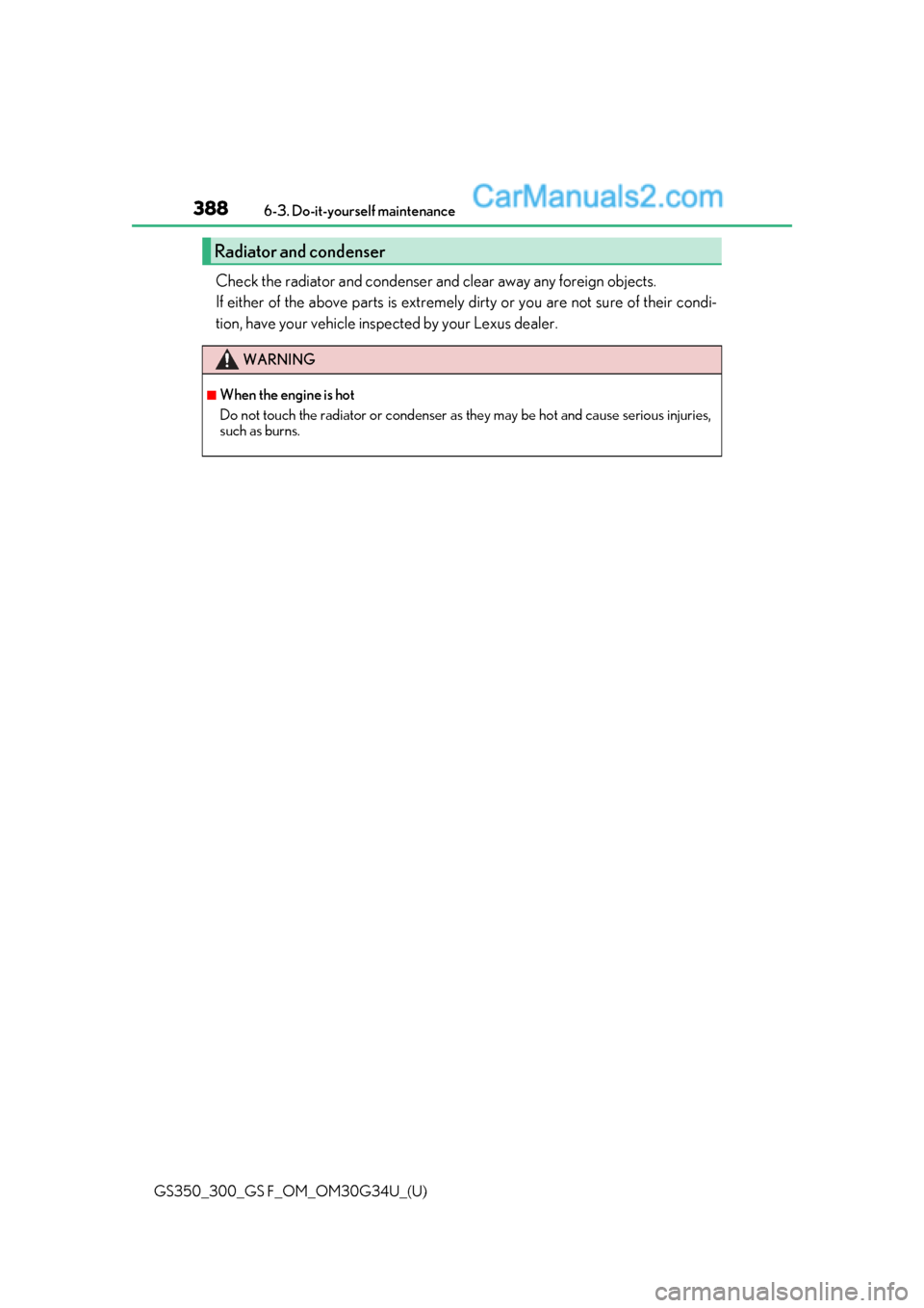 Lexus GS300 2018  Owners Manuals 388
GS350_300_GS F_OM_OM30G34U_(U)6-3. Do-it-yourself maintenance
Check the radiator and condenser an
d clear away any foreign objects. 
If either of the above parts is extremely  dirty or you are not