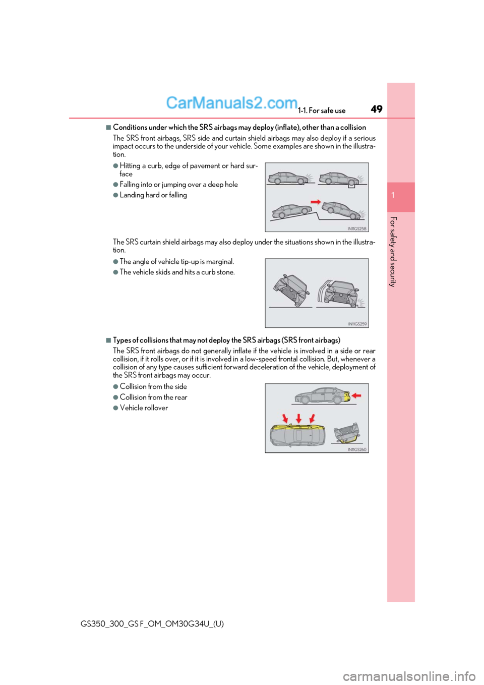 Lexus GS300 2018 s Service Manual 491-1. For safe use
GS350_300_GS F_OM_OM30G34U_(U)
1
For safety and security
■Conditions under which the SRS airbags may deploy (inflate), other than a collision
The SRS front airbags, SRS side an Lexus GS300 2018 s Service Manual 491-1. For safe use
GS350_300_GS F_OM_OM30G34U_(U)
1
For safety and security
■Conditions under which the SRS airbags may deploy (inflate), other than a collision
The SRS front airbags, SRS side an