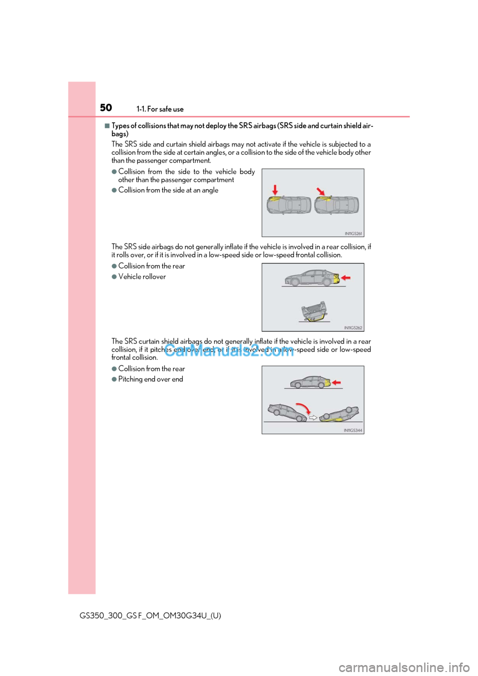 Lexus GS300 2018 s Service Manual 501-1. For safe use
GS350_300_GS F_OM_OM30G34U_(U)
■Types of collisions that may not deploy the SRS airbags (SRS side and curtain shield air-
bags)
The SRS side and curtain shield airbags may not ac Lexus GS300 2018 s Service Manual 501-1. For safe use
GS350_300_GS F_OM_OM30G34U_(U)
■Types of collisions that may not deploy the SRS airbags (SRS side and curtain shield air-
bags)
The SRS side and curtain shield airbags may not ac