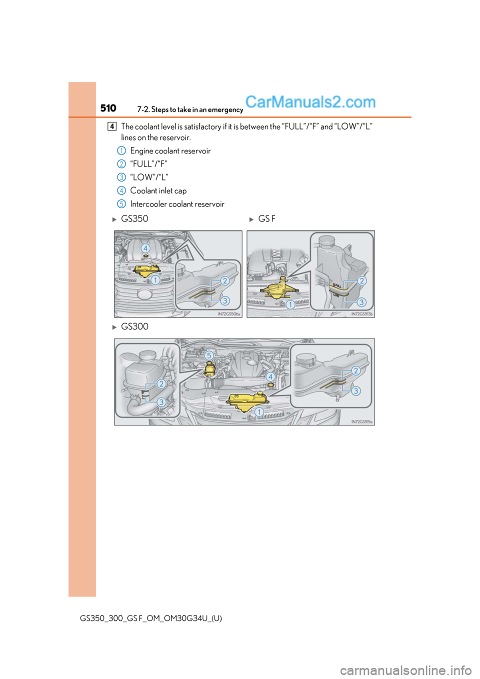 Lexus GS300 2018  Owners Manuals 5107-2. Steps to take in an emergency
GS350_300_GS F_OM_OM30G34U_(U)
The coolant level is satisfactory if it is between the “FULL”/“F” and “LOW”/“L”
lines on the reservoir.
Engine cool