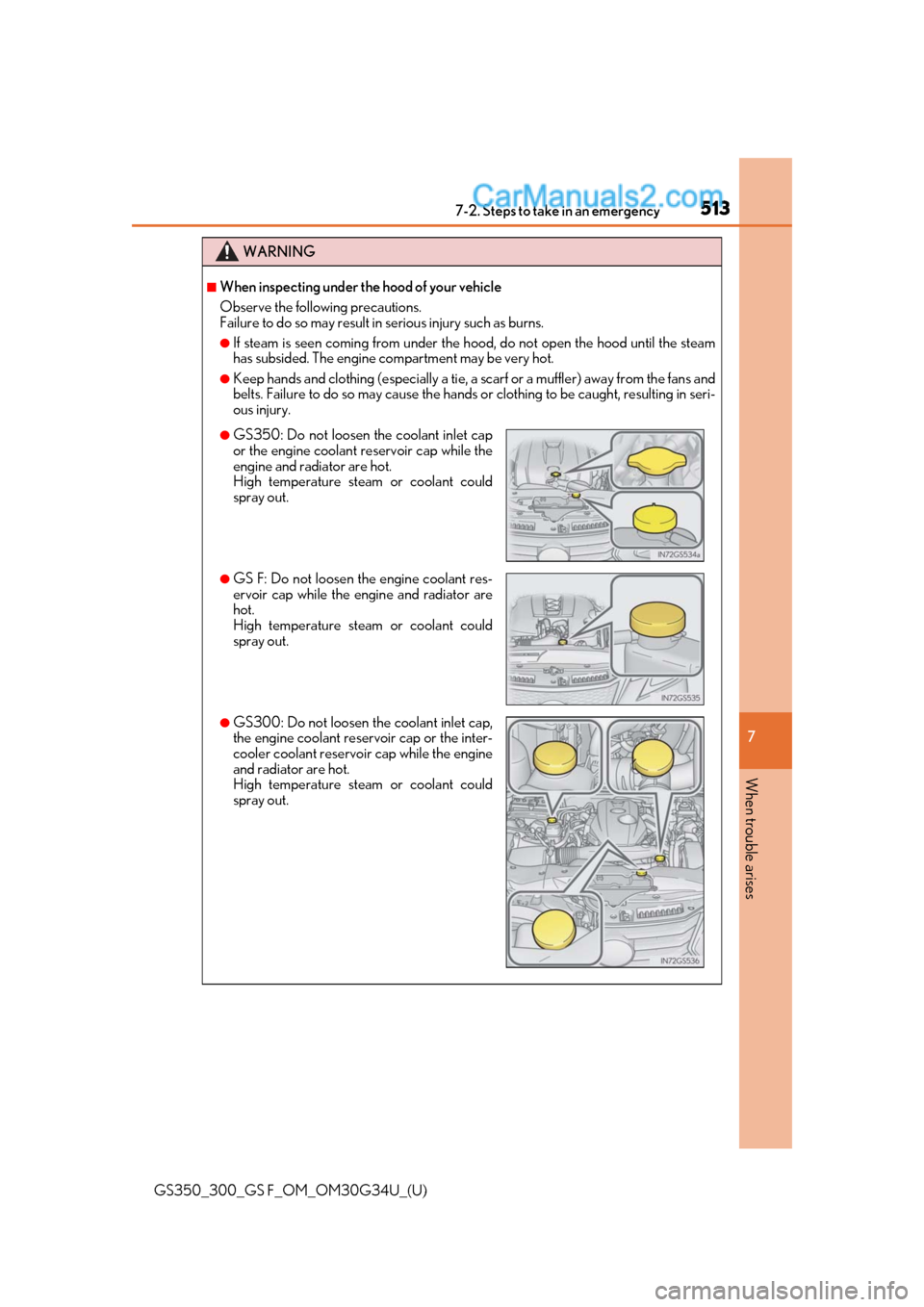 Lexus GS300 2018 Owners Manuals 5137-2. Steps to take in an emergency
GS350_300_GS F_OM_OM30G34U_(U)
7
When trouble arises
WARNING
■When inspecting under the hood of your vehicle
Observe the following precautions.
Failure to do s Lexus GS300 2018 Owners Manuals 5137-2. Steps to take in an emergency
GS350_300_GS F_OM_OM30G34U_(U)
7
When trouble arises
WARNING
■When inspecting under the hood of your vehicle
Observe the following precautions.
Failure to do s