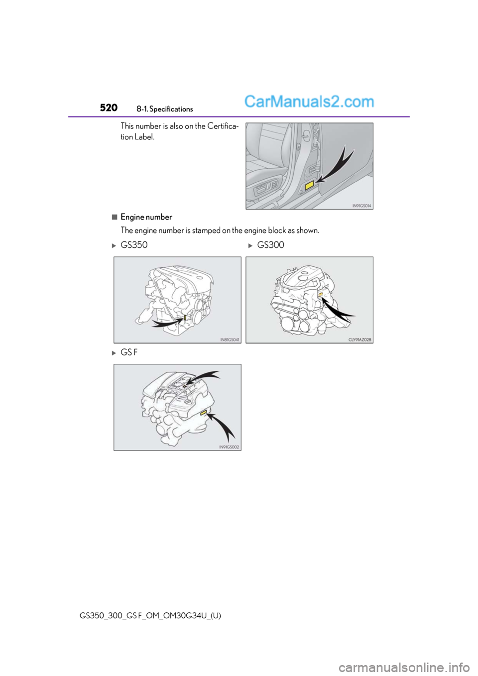 Lexus GS300 2018 Owners Manuals 520
GS350_300_GS F_OM_OM30G34U_(U)8-1. Specifications
This number is also on the Certifica-
tion Label.
■Engine number
The engine number is stamped on the engine block as shown.
GS350GS300
Lexus GS300 2018 Owners Manuals 520
GS350_300_GS F_OM_OM30G34U_(U)8-1. Specifications
This number is also on the Certifica-
tion Label.
■Engine number
The engine number is stamped on the engine block as shown.
GS350GS300
