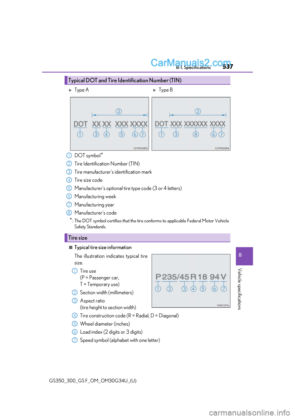 Lexus GS300 2018  s User Guide GS350_300_GS F_OM_OM30G34U_(U)
5378-1. Specifications
8
Vehicle specifications
DOT symbol*
Tire Identification Number (TIN)
Tire manufacturer’s identification mark
Tire size code
Manufacturer’s op