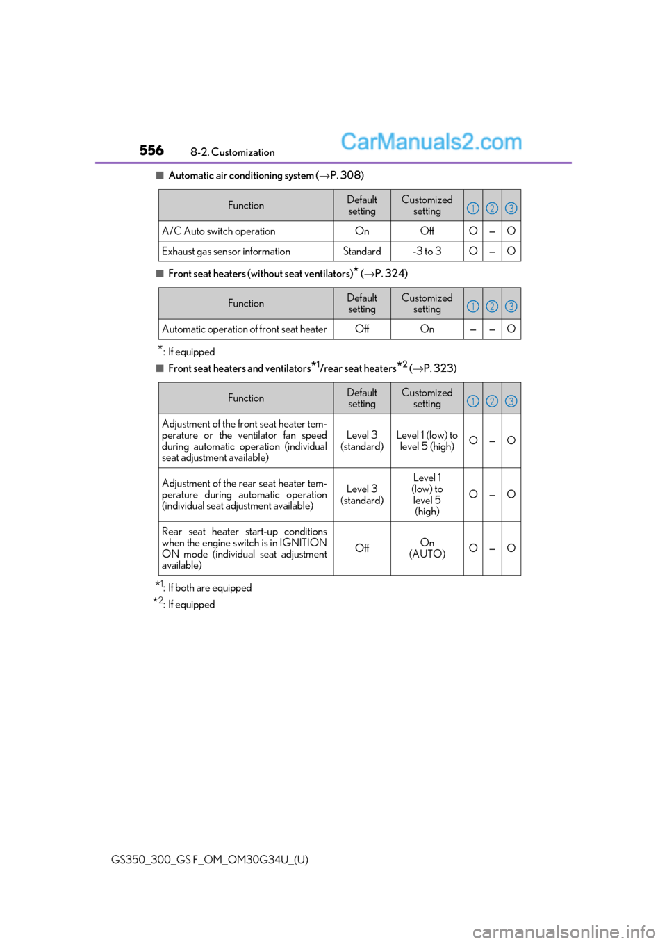 Lexus GS300 2018  Owners Manuals 556
GS350_300_GS F_OM_OM30G34U_(U)8-2. Customization
■Automatic air conditioning system (
→P. 308)
■Front seat heaters (wit hout seat ventilators)* (→ P. 324)
*: If equipped
■Front seat heat