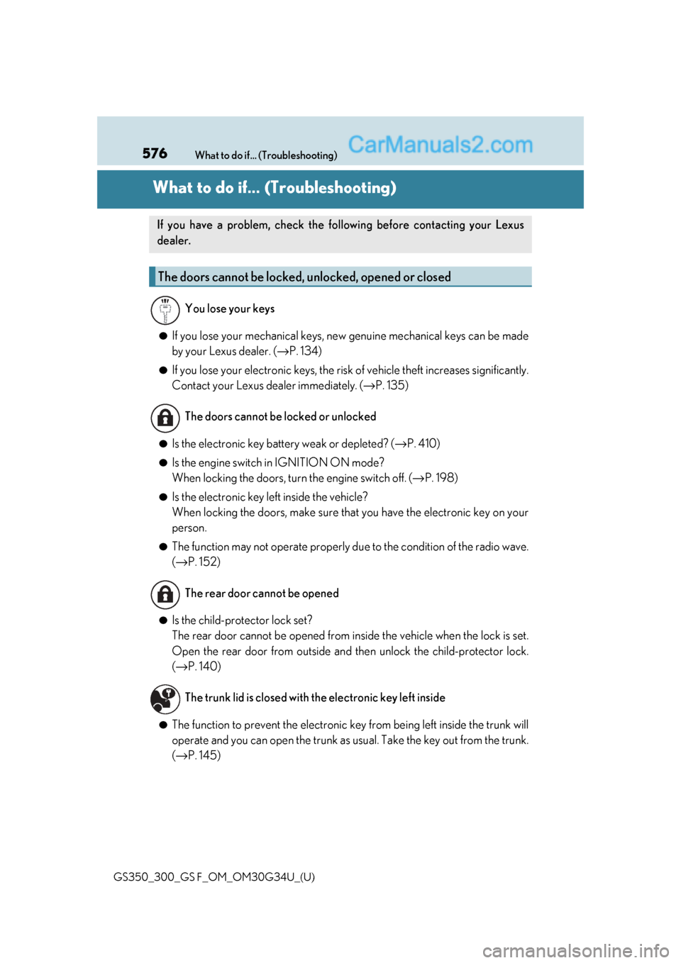 Lexus GS300 2018  s Repair Manual 576What to do if... (Troubleshooting)
GS350_300_GS F_OM_OM30G34U_(U)
What to do if... (Troubleshooting)
●If you lose your mechanical keys, ne w genuine mechanical keys can be made
by your Lexus deal