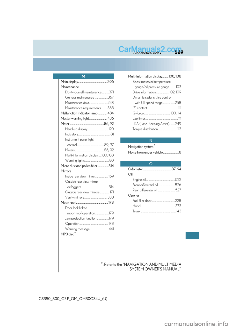Lexus GS300 2018  Owners Manuals 589Alphabetical index
GS350_300_GS F_OM_OM30G34U_(U)
Main display............................................ 306
MaintenanceDo-it-yourself maintenance............371
General maintenance .............