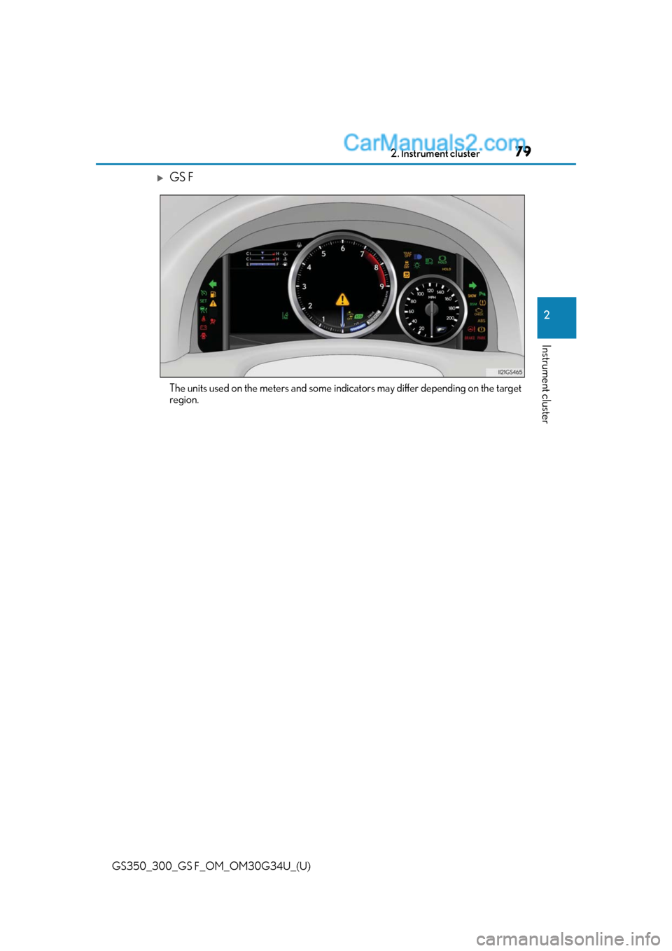 Lexus GS300 2018  s Manual PDF GS350_300_GS F_OM_OM30G34U_(U)
792. Instrument cluster
2
Instrument cluster
GS F
The units used on the meters and some indicators may differ depending on the target
region.  
