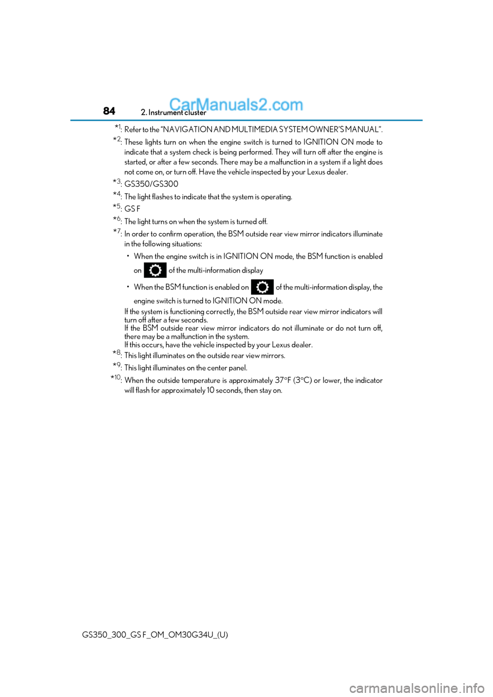 Lexus GS300 2018  Owners Manuals 84
GS350_300_GS F_OM_OM30G34U_(U)2. Instrument cluster
*1: Refer to the “NAVIGATION AND MU
LTIMEDIA SYSTEM OWNER’S MANUAL”.
*2: These lights turn on when the engine switch is turned to IGNITION 