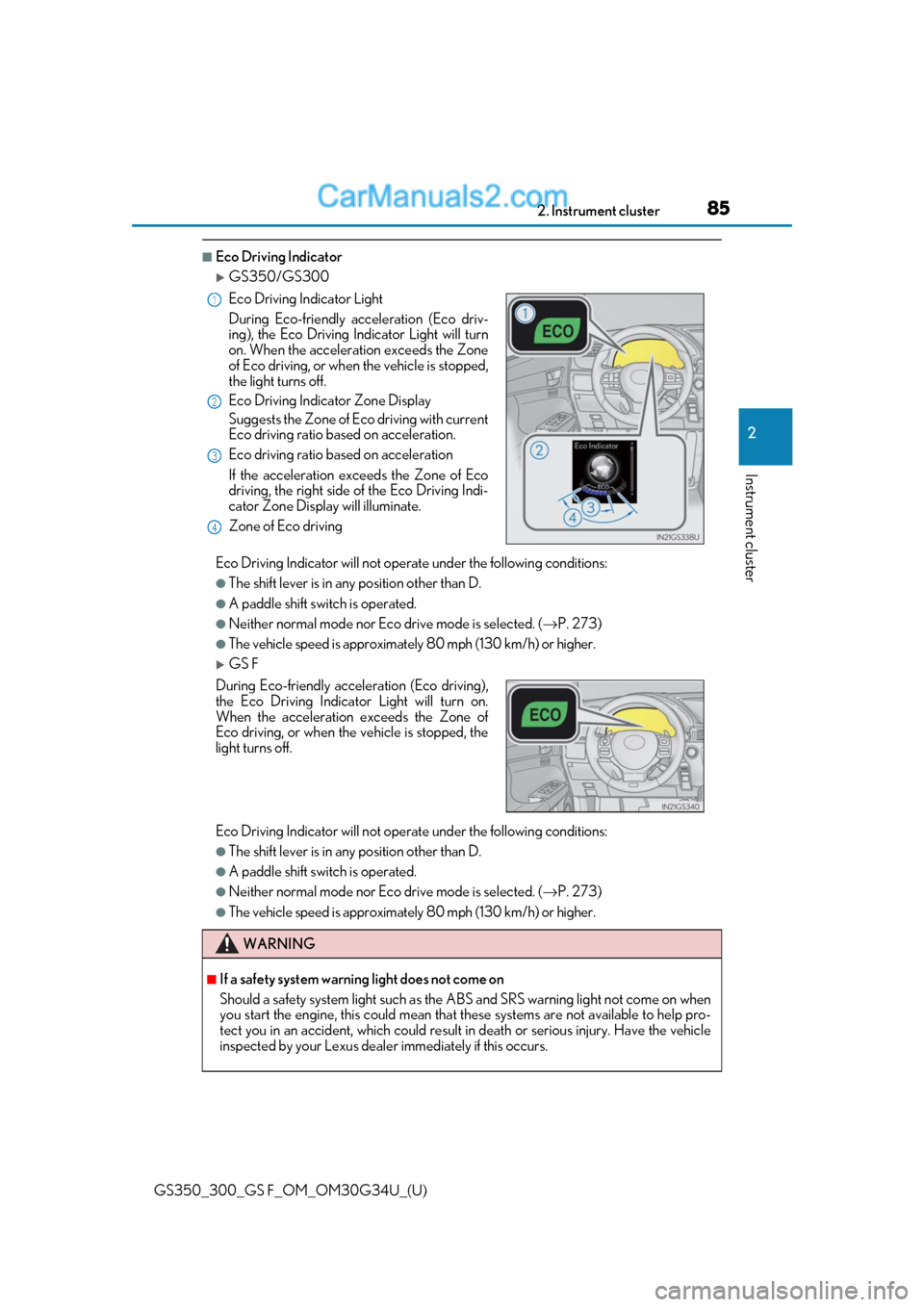 Lexus GS300 2018  Owners Manuals GS350_300_GS F_OM_OM30G34U_(U)
852. Instrument cluster
2
Instrument cluster
■Eco Driving Indicator
GS350/GS300
Eco Driving Indicator will not operate under the following conditions:
●The shift 