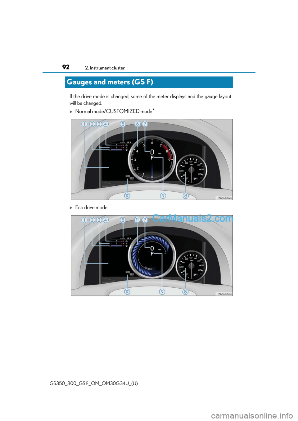 Lexus GS300 2018  s Owners Manual 92
GS350_300_GS F_OM_OM30G34U_(U)2. Instrument cluster
Gauges and meters (GS F)
If the drive mode is changed, some of
 the meter displays and the gauge layout
will be changed.
Normal mode/CUSTOMIZE