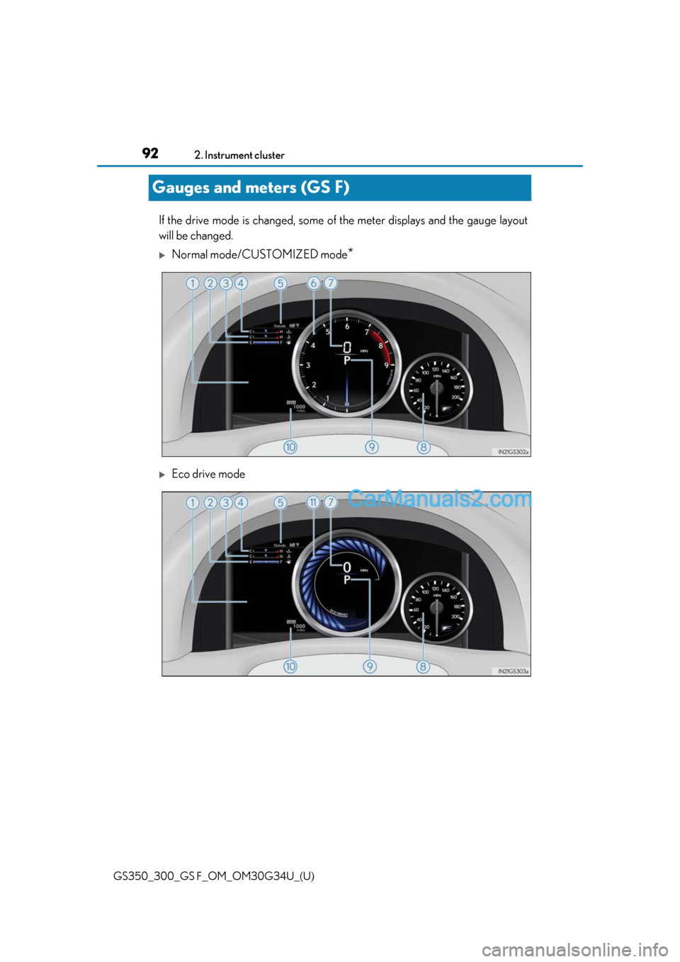 Lexus GS300 2018 s Owners Manual 92
GS350_300_GS F_OM_OM30G34U_(U)2. Instrument cluster
Gauges and meters (GS F)
If the drive mode is changed, some of
the meter displays and the gauge layout
will be changed.
Normal mode/CUSTOMIZE Lexus GS300 2018 s Owners Manual 92
GS350_300_GS F_OM_OM30G34U_(U)2. Instrument cluster
Gauges and meters (GS F)
If the drive mode is changed, some of
the meter displays and the gauge layout
will be changed.
Normal mode/CUSTOMIZE