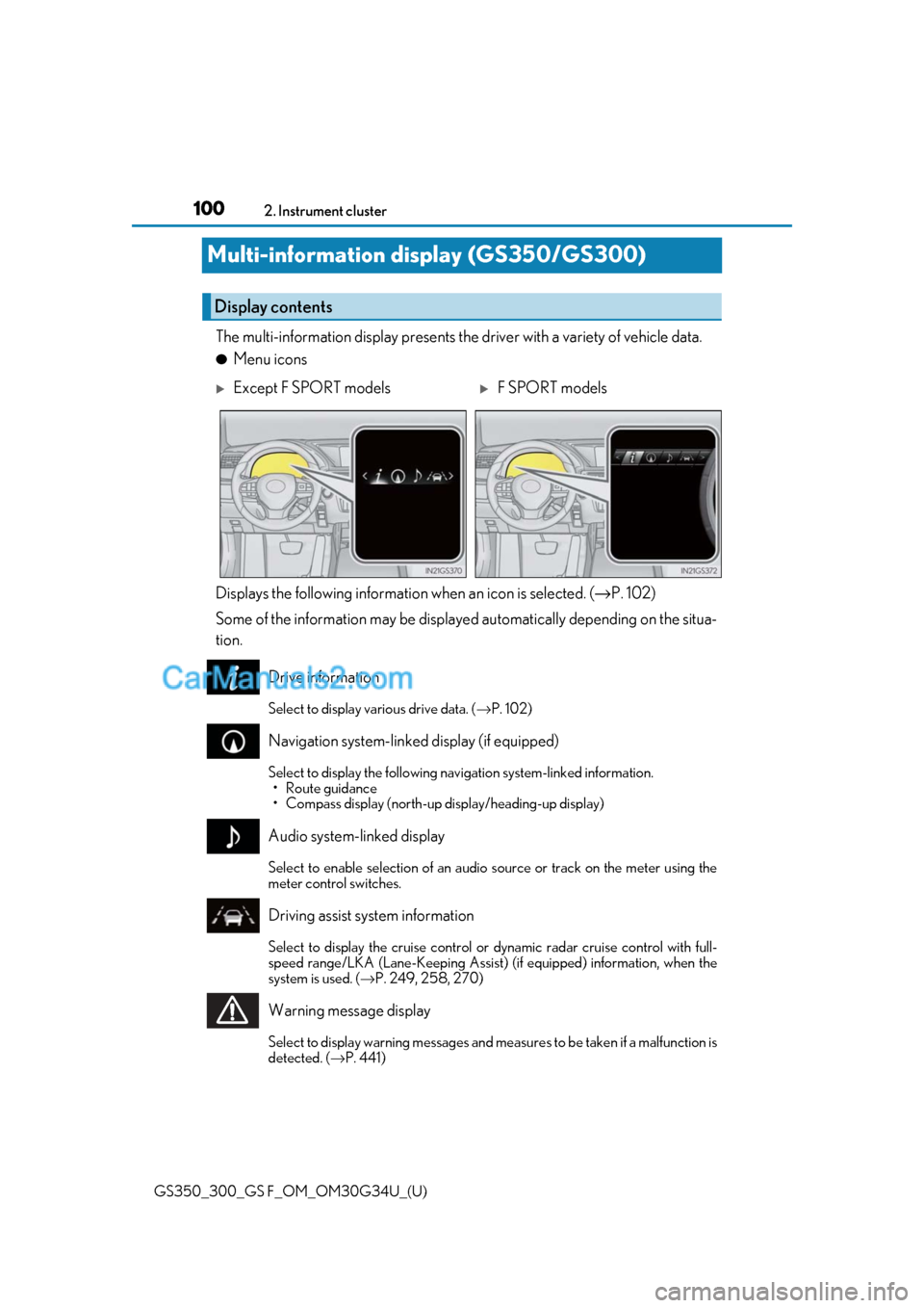 Lexus GS300 2018  Owners Manuals 100
GS350_300_GS F_OM_OM30G34U_(U)2. Instrument cluster
Multi-information display (GS350/GS300)
The multi-information display presents the 
driver with a variety of vehicle data.
●Menu icons
Display