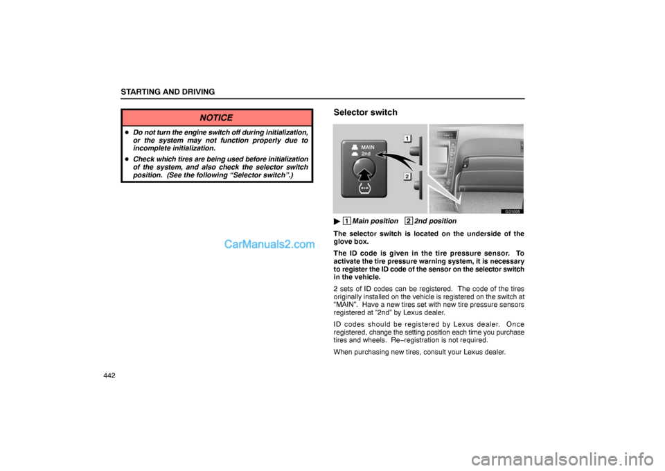 Lexus GS300 2006  Starting and Driving STARTING AND DRIVING
442
NOTICE
Do not turn the engine switch off during initialization,
or the system may not function properly due to
incomplete initialization.
Check which tires are being used be